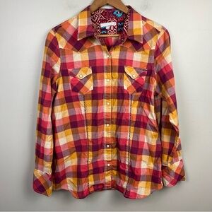 Tin Haul Western Pearl Snap Shirt Women Size XL Red Plaid Long Sleeve Rodeo